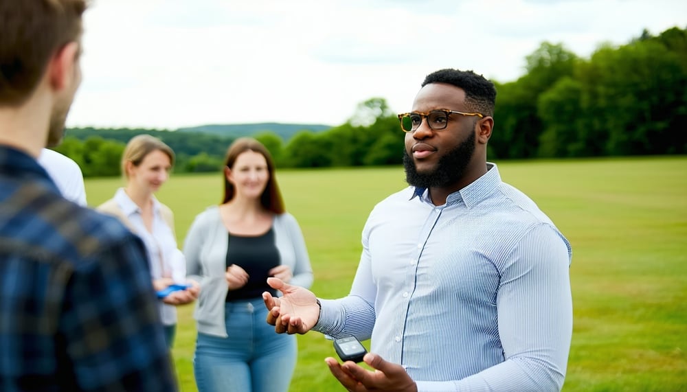 Field representative showcasing a product to potential clients Field representative showcasing a product to potential clients